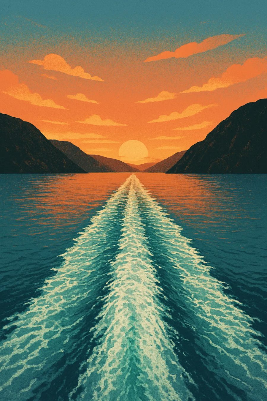 Heckwelle eines Kreuzfahrtschiffs im Fjord bei Sonnenuntergang